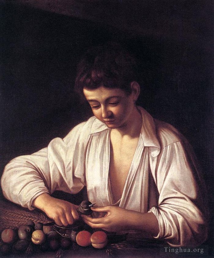 Caravaggio Peinture à l'huile - Garçon épluchant un fruit