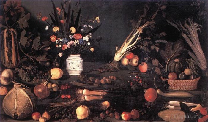 Caravaggio Peinture à l'huile - Nature morte avec fleurs et fruits