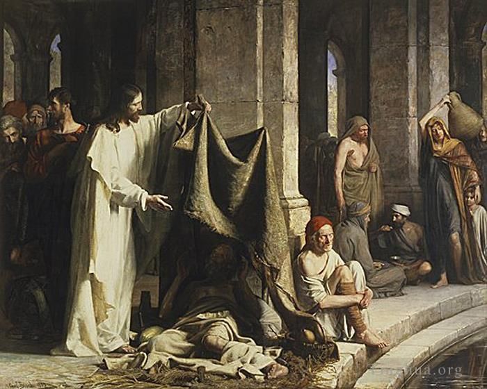 Carl Heinrich Bloch Peinture à l'huile - Le Christ guérit au puits de Béthesda