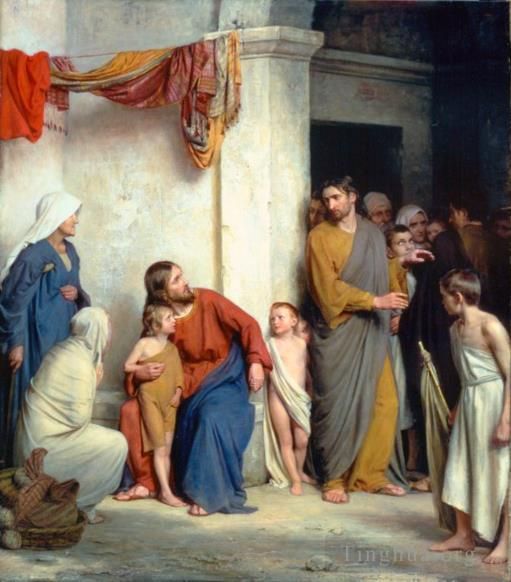 Carl Heinrich Bloch Peinture à l'huile - Le Christ avec les enfants