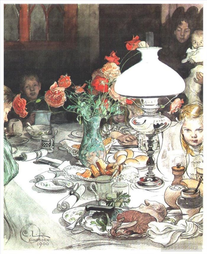 Carl Larsson Types de peintures - Autour de la lampe le soir 1900