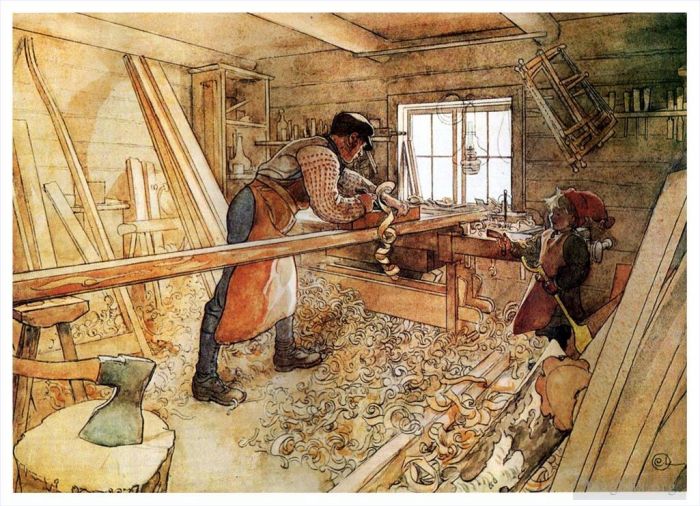 Carl Larsson Types de peintures - Dans l'atelier de menuiserie 1905