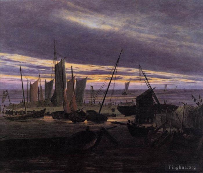 Caspar David Friedrich Peinture à l'huile - Bateaux dans le port le soir