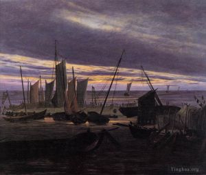 Caspar David Friedrich œuvres - Bateaux dans le port le soir
