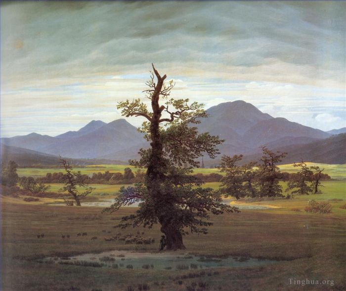 Caspar David Friedrich Peinture à l'huile - Friedrich Paysage avec arbre solitaire