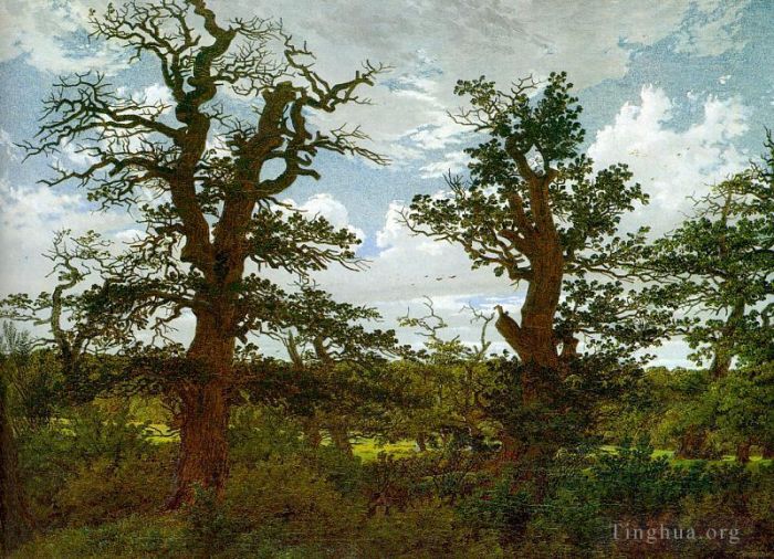 Caspar David Friedrich Peinture à l'huile - Paysage avec des chênes et un chasseur