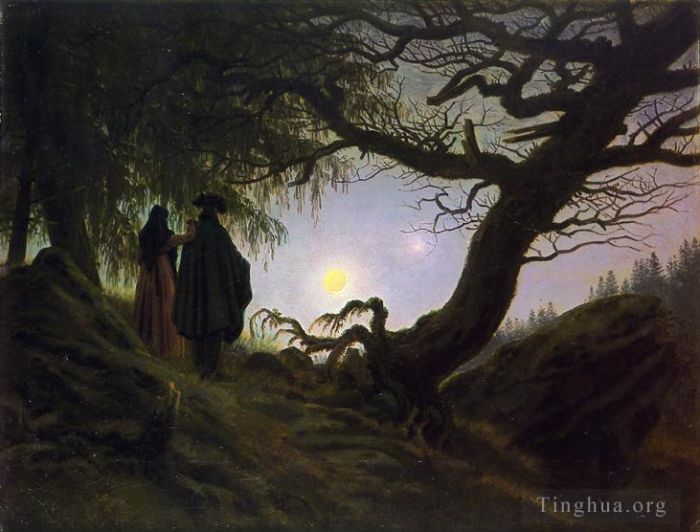 Caspar David Friedrich Peinture à l'huile - Homme et femme contemplant la lune CDF
