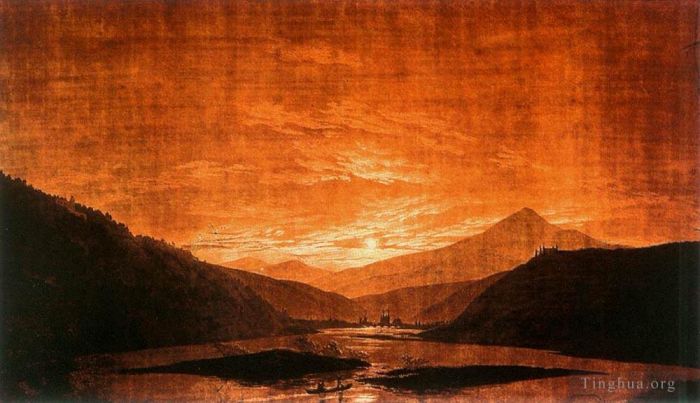 Caspar David Friedrich Peinture à l'huile - Paysage fluvial montagneux