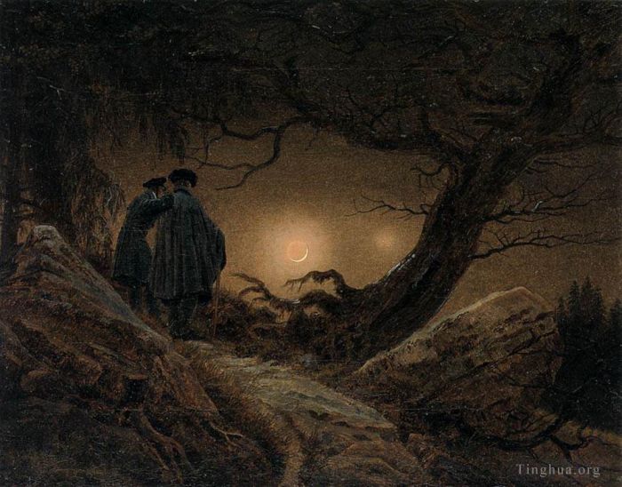 Caspar David Friedrich Peinture à l'huile - Deux hommes contemplant la Lune