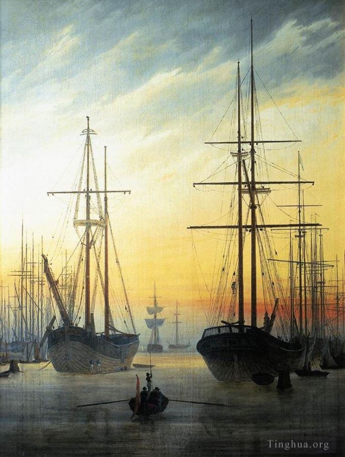 Caspar David Friedrich Peinture à l'huile - Vue d'un bateau romantique sur le port