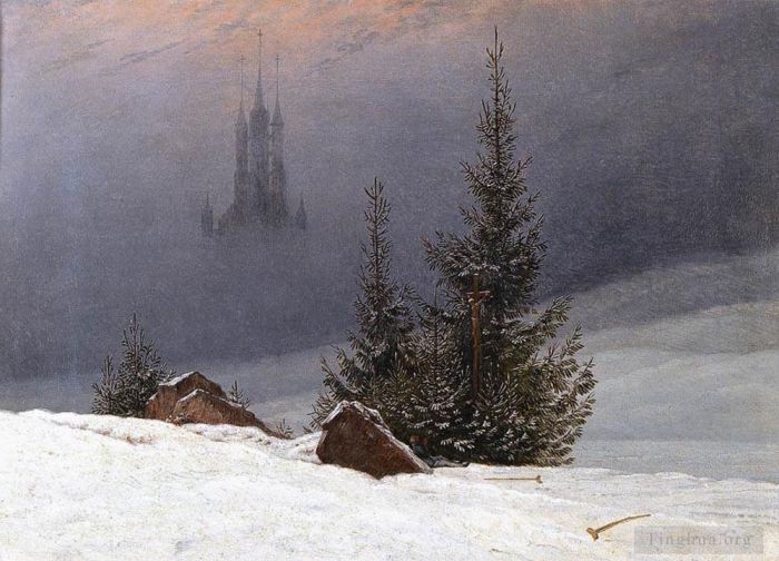 Caspar David Friedrich Peinture à l'huile - Paysage d'hiver avec église