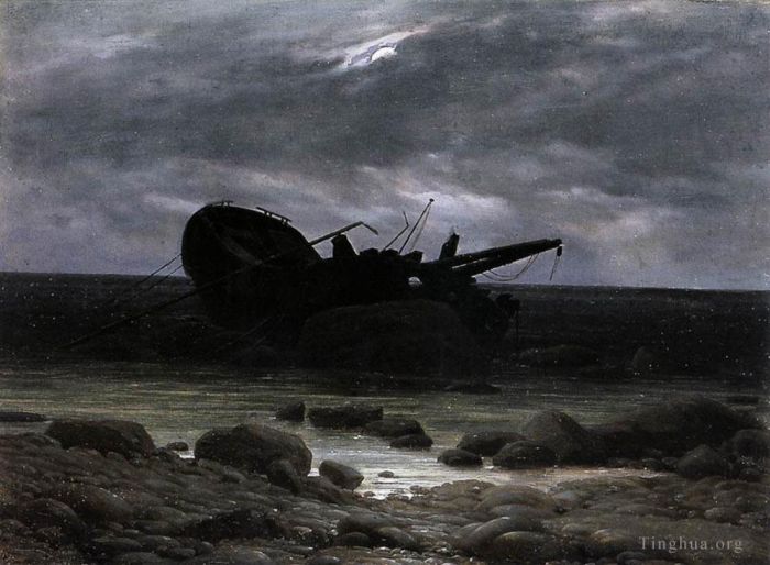 Caspar David Friedrich Peinture à l'huile - Épave au clair de lune bateau romantique