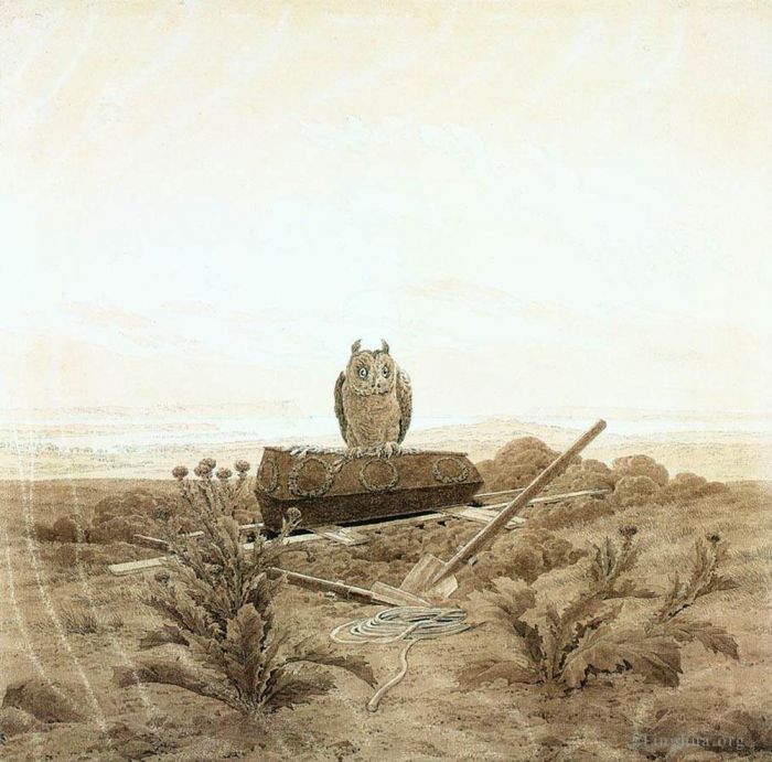 Caspar David Friedrich Types de peintures - Paysage avec cercueil grave et hibou