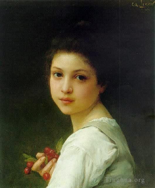 Charles-Amable Lenoir Peinture à l'huile - Portrait d'une jeune fille aux cerises