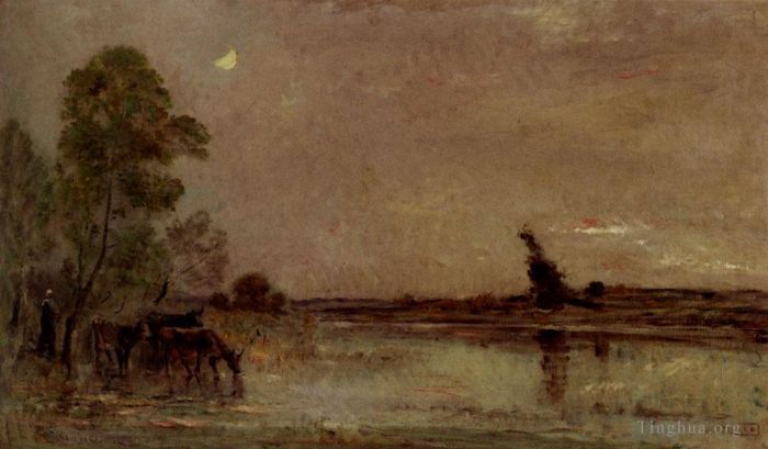 Charles-François Daubigny Peinture à l'huile - L'Abreuvoir Effet De Lune