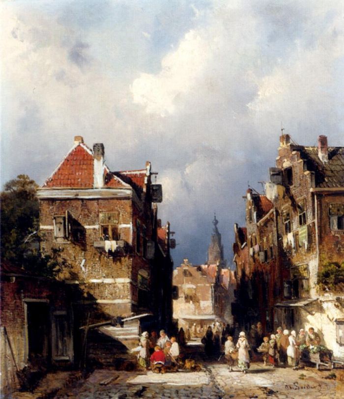 Charles Leickert Peinture à l'huile - Une scène de rue hollandaise