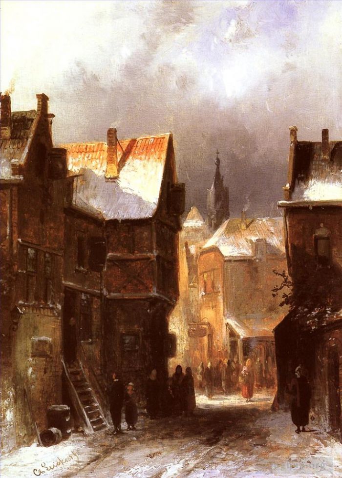 Charles Leickert Peinture à l'huile - Une ville hollandaise en hiver