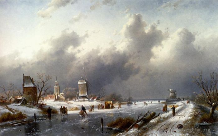 Charles Leickert Peinture à l'huile - Un paysage hivernal gelé avec des patineurs