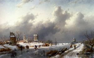 Charles Leickert œuvres - Un paysage hivernal gelé avec des patineurs