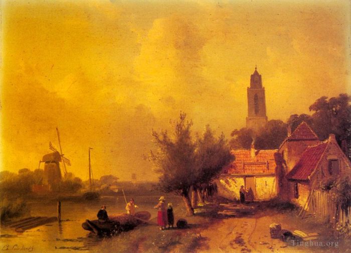 Charles Leickert Peinture à l'huile - Un paysage fluvial avec des personnages