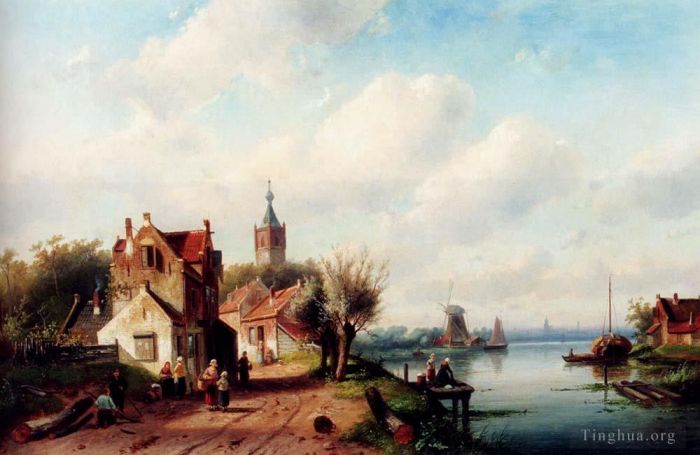 Charles Leickert Peinture à l'huile - Un village au bord d'une rivière Une ville au loin
