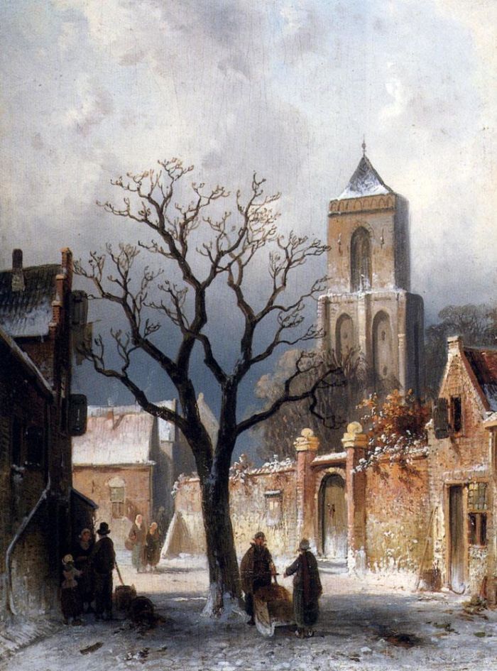 Charles Leickert Peinture à l'huile - Une scène de neige dans un village