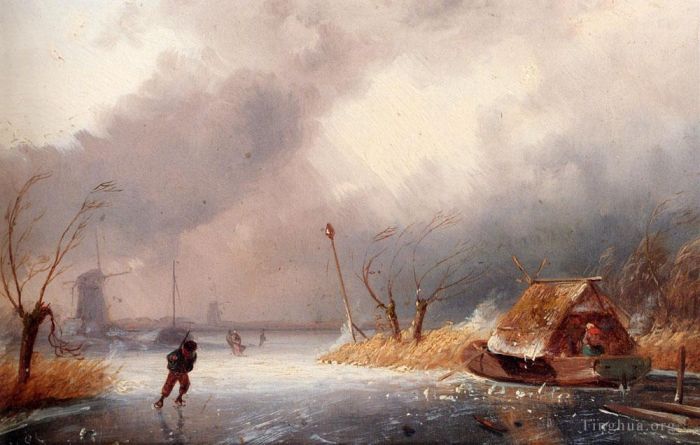 Charles Leickert Peinture à l'huile - Un paysage hivernal avec des patineurs sur une voie navigable gelée