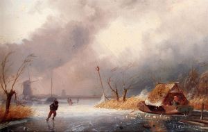 Charles Leickert œuvres - Un paysage hivernal avec des patineurs sur une voie navigable gelée