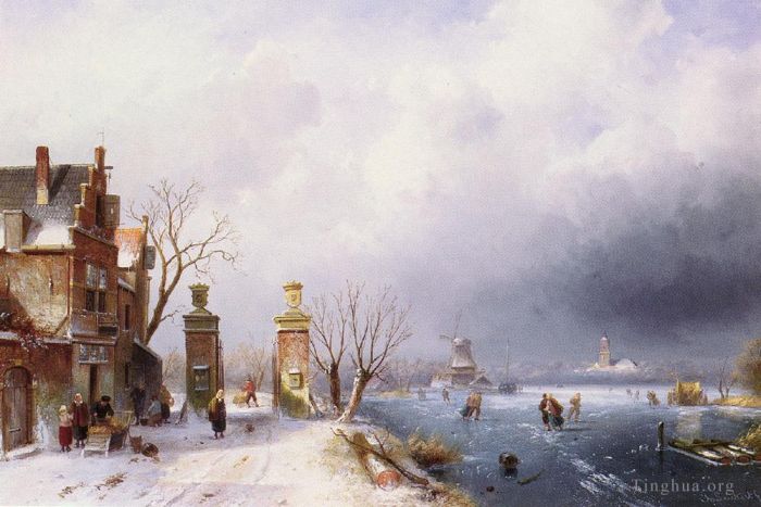 Charles Leickert Peinture à l'huile - Belge 181 à 1907A Lansca d'hiver ensoleillée