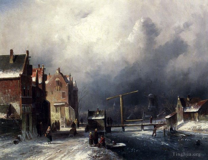 Charles Leickert Peinture à l'huile - Personnages dans une ville hollandaise près d'un canal gelé