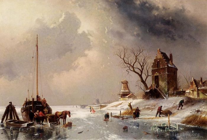Charles Leickert Peinture à l'huile - Chiffres chargeant une charrette tirée par des chevaux sur la glace