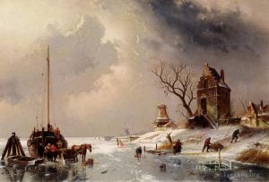 Charles Leickert œuvres - Chiffres chargeant une charrette tirée par des chevaux sur la glace