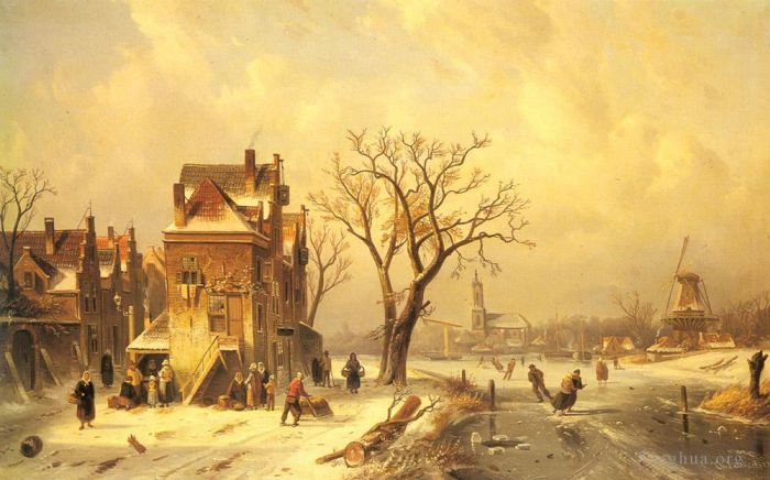 Charles Leickert Peinture à l'huile - Patineurs dans un paysage hivernal gelé