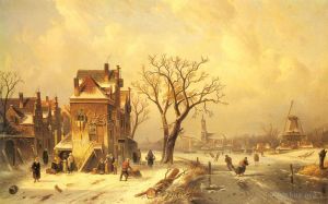Charles Leickert œuvres - Patineurs dans un paysage hivernal gelé