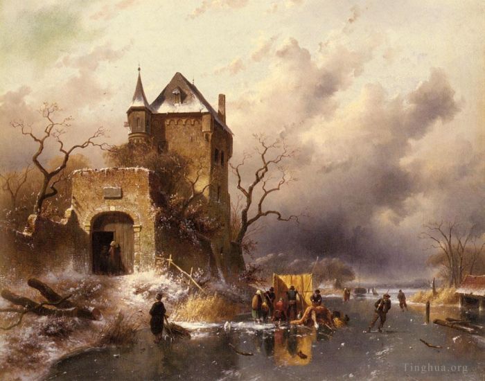 Charles Leickert Peinture à l'huile - Patineurs sur un lac gelé près des ruines d'un château