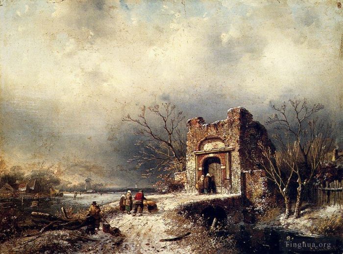 Charles Leickert Peinture à l'huile - Villageois sur un chemin gelé