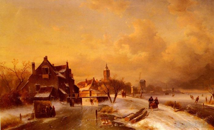 Charles Leickert Peinture à l'huile - Scènes de canaux d'hiver et d'étéScène 1