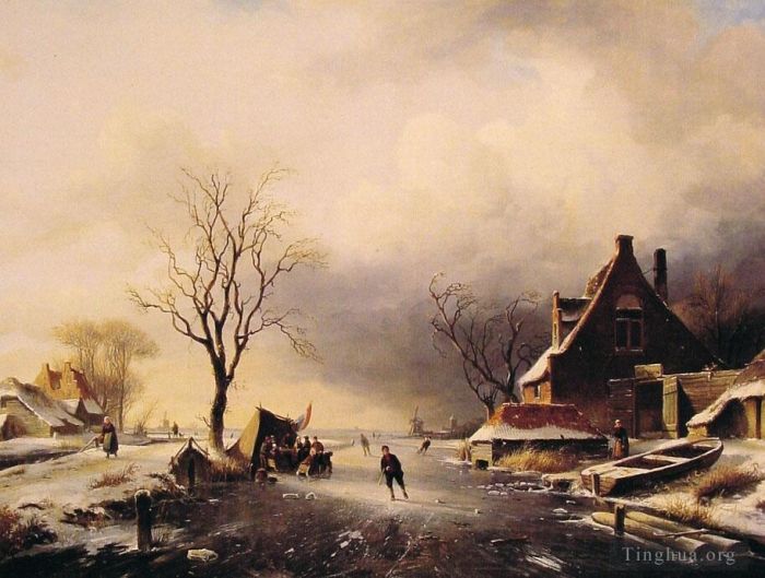 Charles Leickert Peinture à l'huile - Scène d'hiver avec des patineurs
