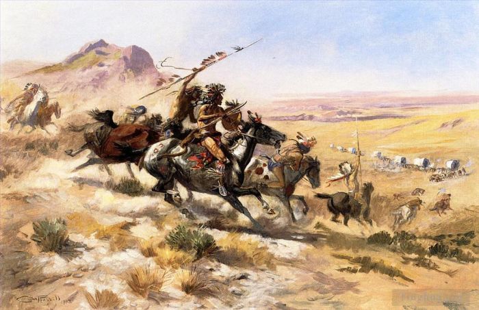 Charles Marion Russell Peinture à l'huile - Attaque d'un wagon