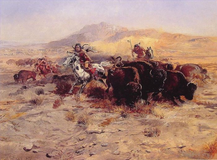 Charles Marion Russell Peinture à l'huile - Chasse au buffle