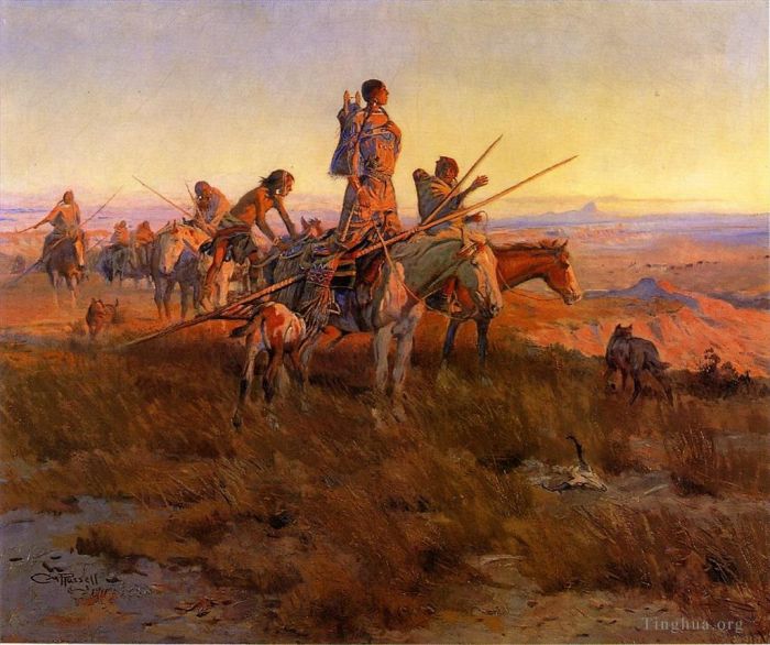 Charles Marion Russell Peinture à l'huile - Dans le sillage des chasseurs de bisons
