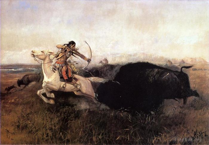 Charles Marion Russell Peinture à l'huile - Indiens chassant le buffle