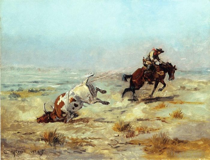 Charles Marion Russell Peinture à l'huile - Passer un bœuf au lasso
