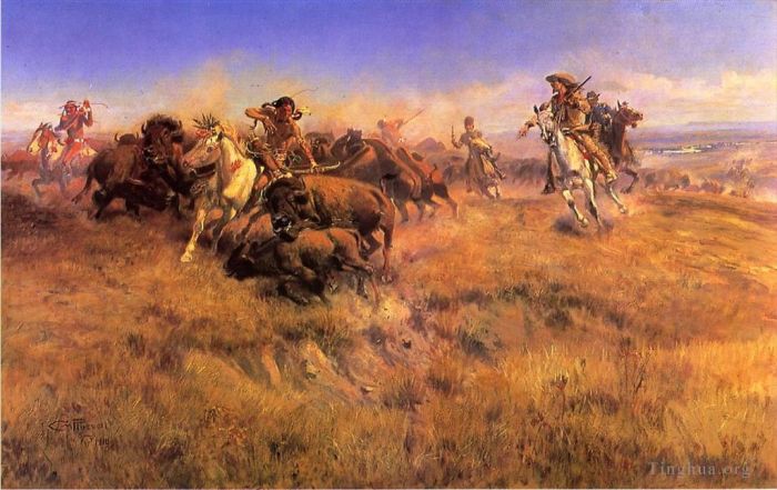 Charles Marion Russell Peinture à l'huile - Cowboy de Buffalo en cours d'exécution