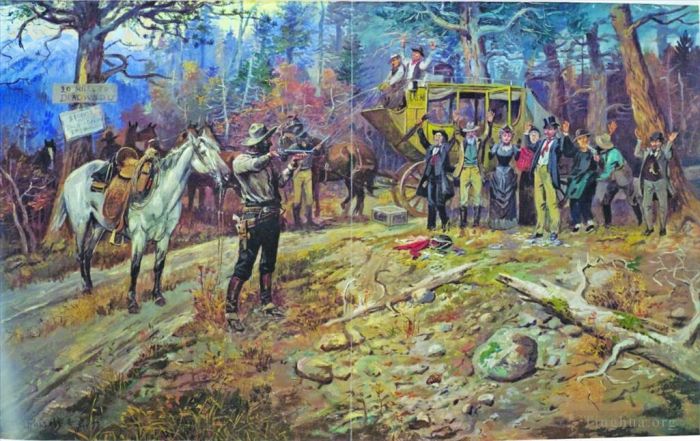 Charles Marion Russell Peinture à l'huile - Le hold-up jusqu'à 20 milles jusqu'au bois mort