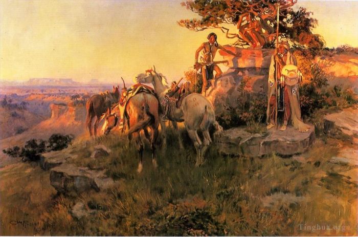 Charles Marion Russell Peinture à l'huile - Surveiller les wagons
