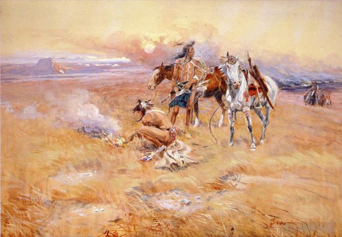Charles Marion Russell Types de peintures - Pieds-Noirs Burning Crow Buffalo Range