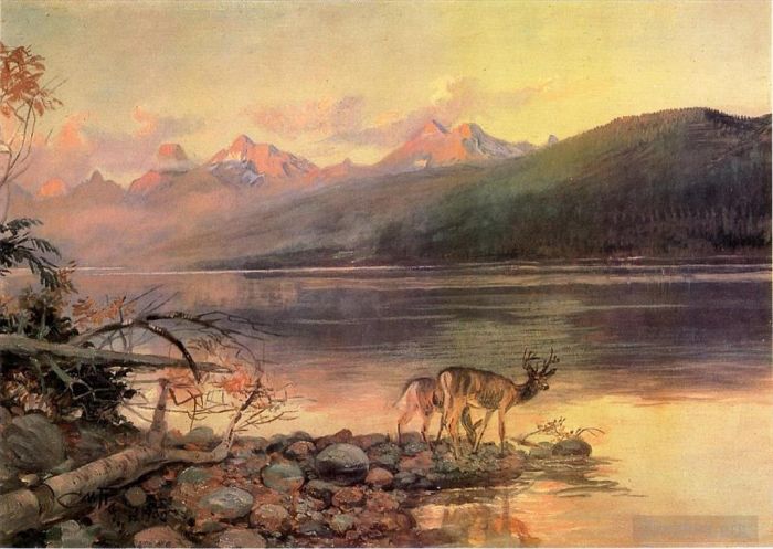 Charles Marion Russell Types de peintures - Cerf au paysage du lac McDonald