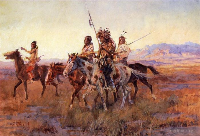 Charles Marion Russell Types de peintures - Quatre Indiens à cheval 1914