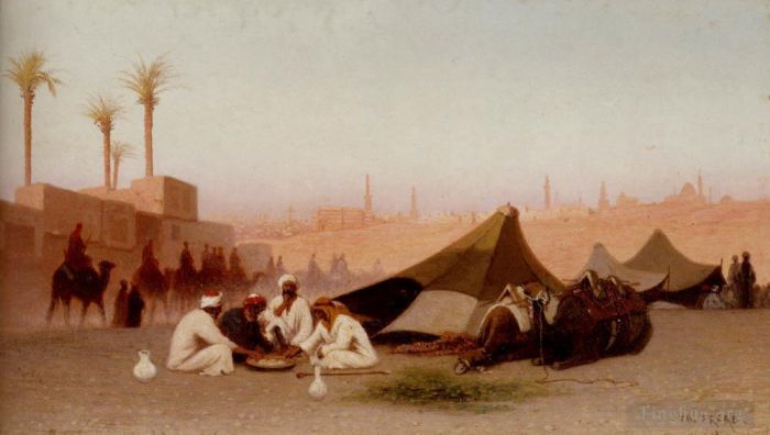 Charles-Théodore Frère Peinture à l'huile - Un repas en fin d'après-midi dans un campement au Caire